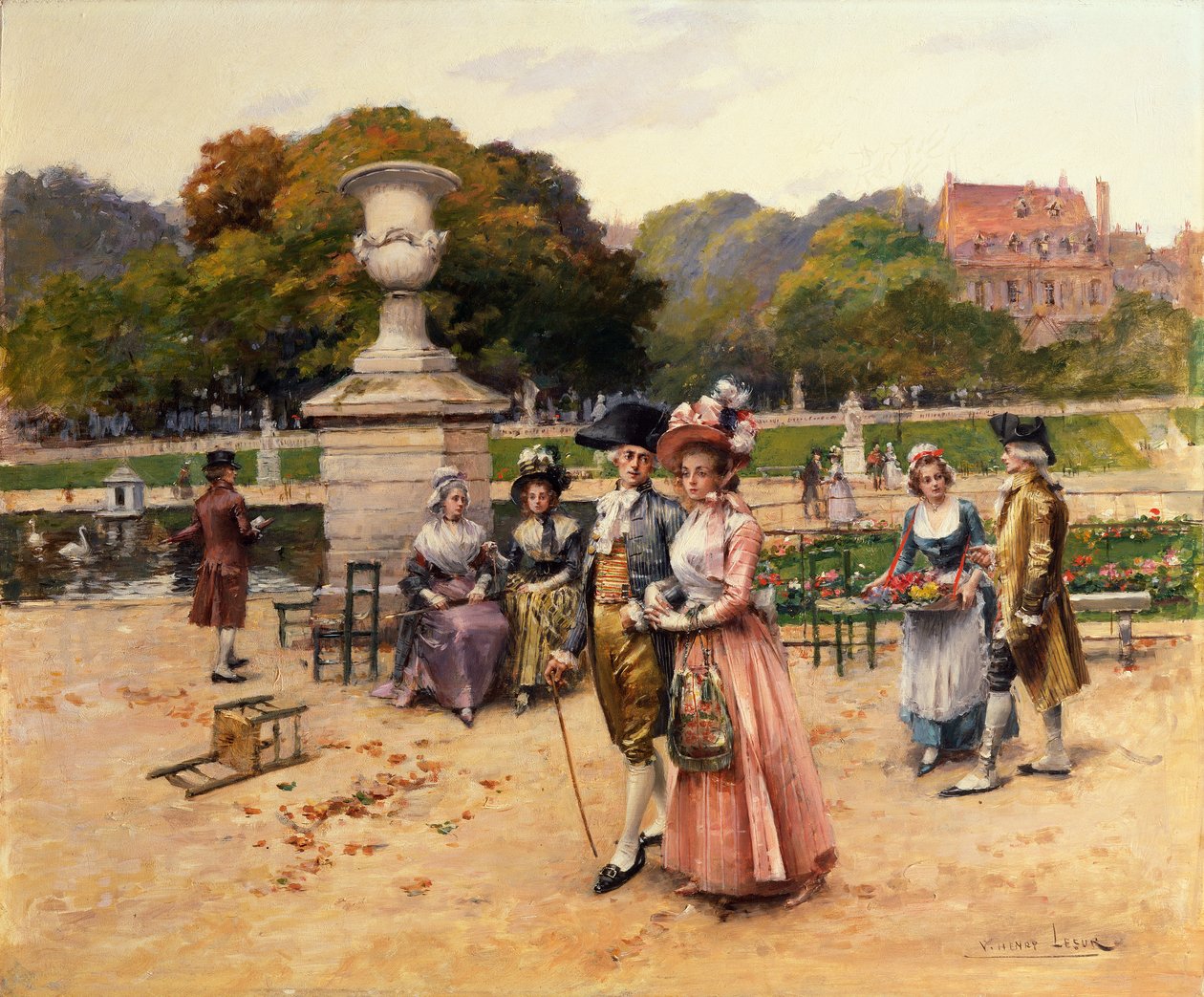 Eleganckie postacie spacerujące w parku (olej na panelu) autorstwa Henri-Victor Lesur