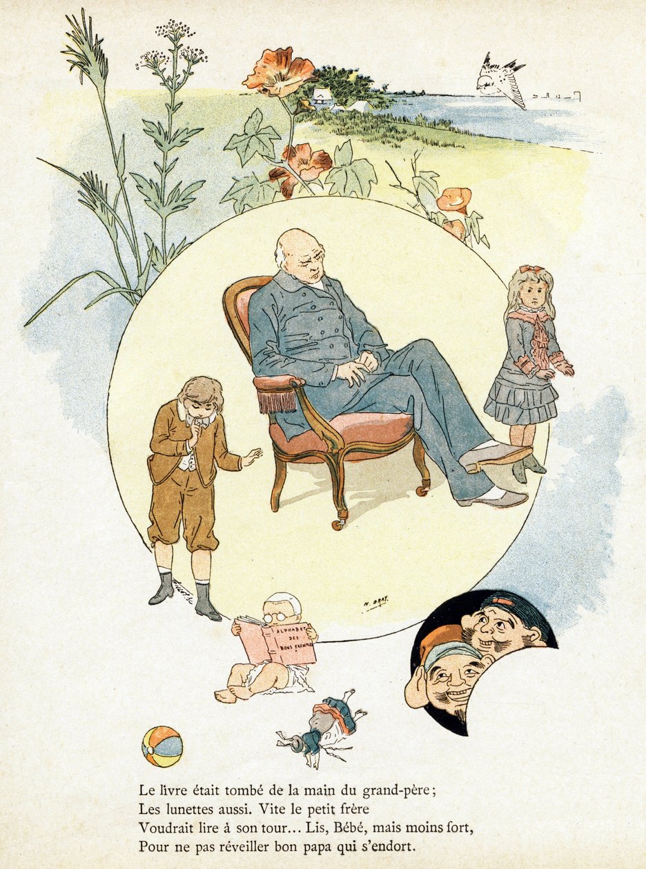 Grawerowanie w „Alfabet des bons przykłady”. Jules Levy, redaktor. Ilustracje: Henri Boulanger, vel Henri Gray. Teksty pani P. Boulanger. Grawer i druk Ch. Gillot, 79 rue Madame, Paryż. Około 1890 r. Znajdź na każdym obrazie znamienity wor autorstwa Henri  Gray