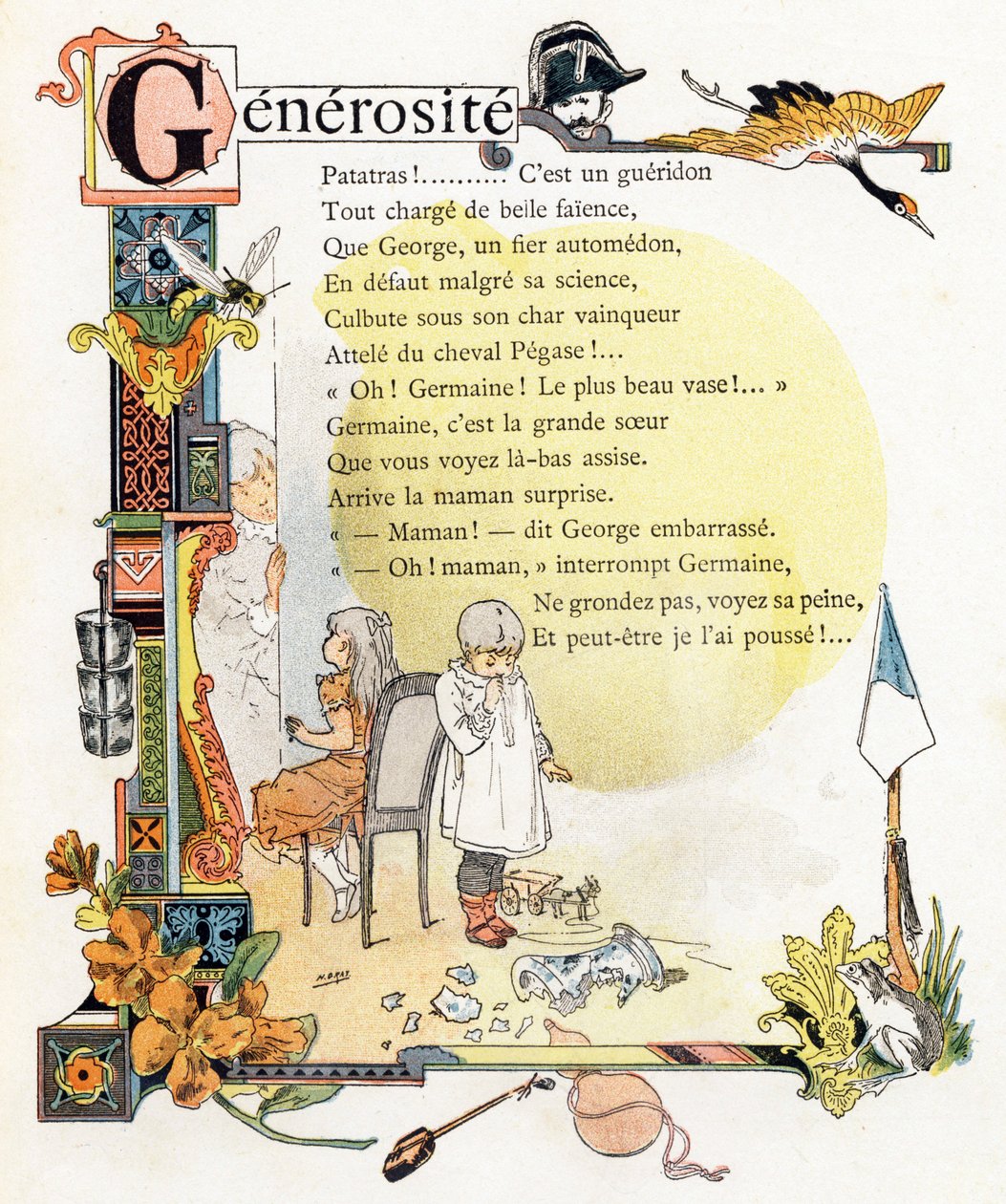 Litera G Generosite - Gendarme Grue Guepe Godets Giroflee Gourde Grenouille - Rycina w "Alphabet des bons exemples" - Jules Levy, editeur - Illustrations de Henri Boulanger, alias Henri Gray (1858-1924). Teksty (wiersze) autorstwa Mme P. Boulanger - Rycina autorstwa Henri (1858 1924) Gray