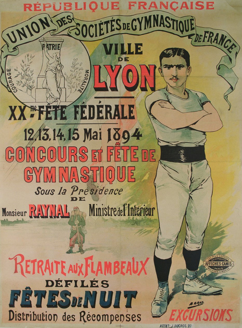 Plakat reklamujący zawody gimnastyczne w Lyonie autorstwa Henri  Gray