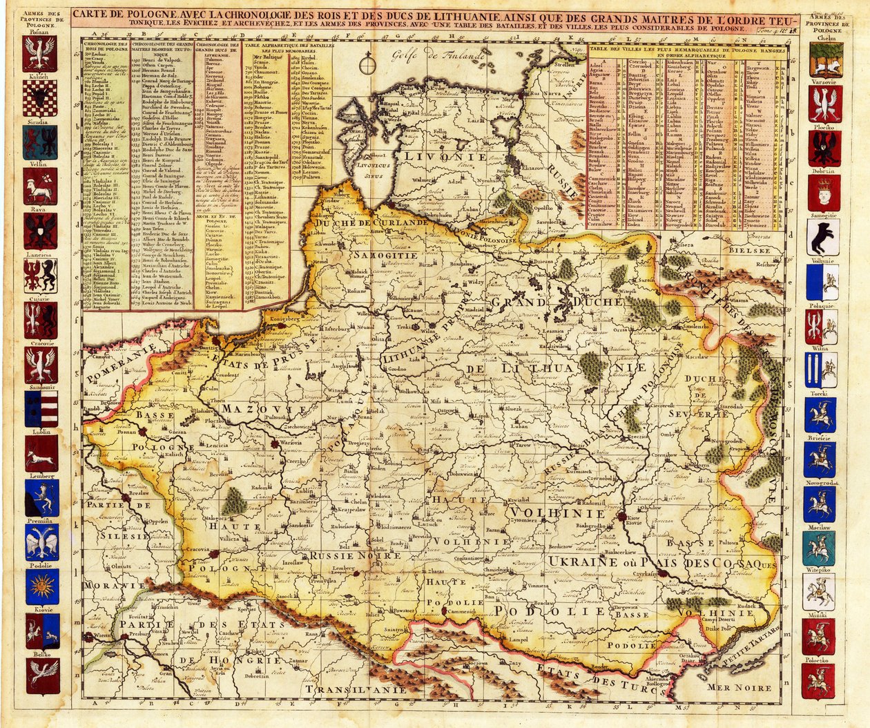 Mapa Polski obejmuje fragmenty Inflant i Wielkiego Księstwa Moskiewskiego par Chatelain, Henri Abraham (1684-1743). Akwaforta, akwarela autorstwa Henri Abraham Chatelain