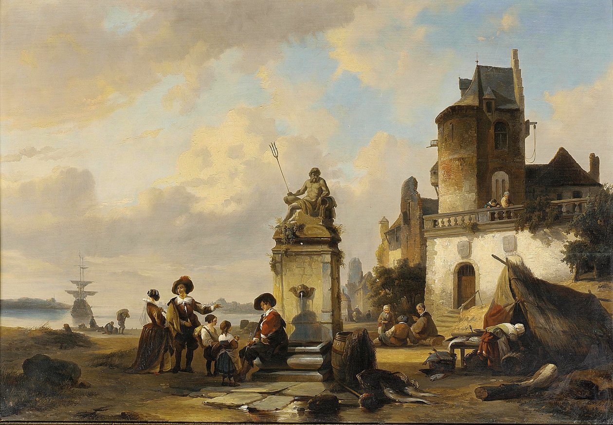 Eleganckie postacie siedzą przy fontannie, port na zewnątrz autorstwa Henri Adolphe Schaep
