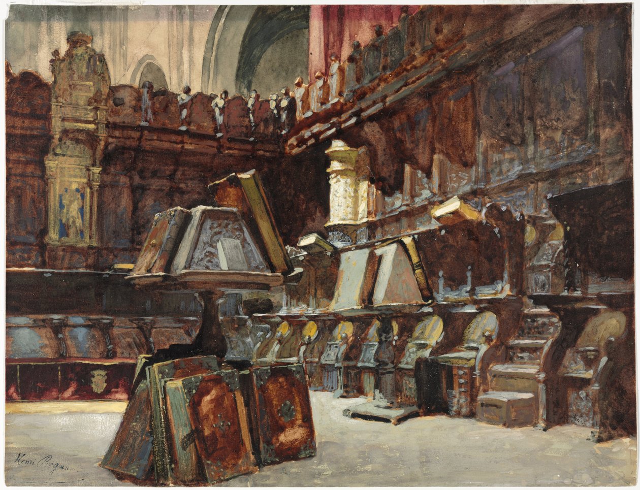 Stalle chóru w hiszpańskiej katedrze, ok. 1868 (akwarela i gwasz ze śladami grafitu na kremowym papierze) autorstwa Henri Alexandre Georges Regnault