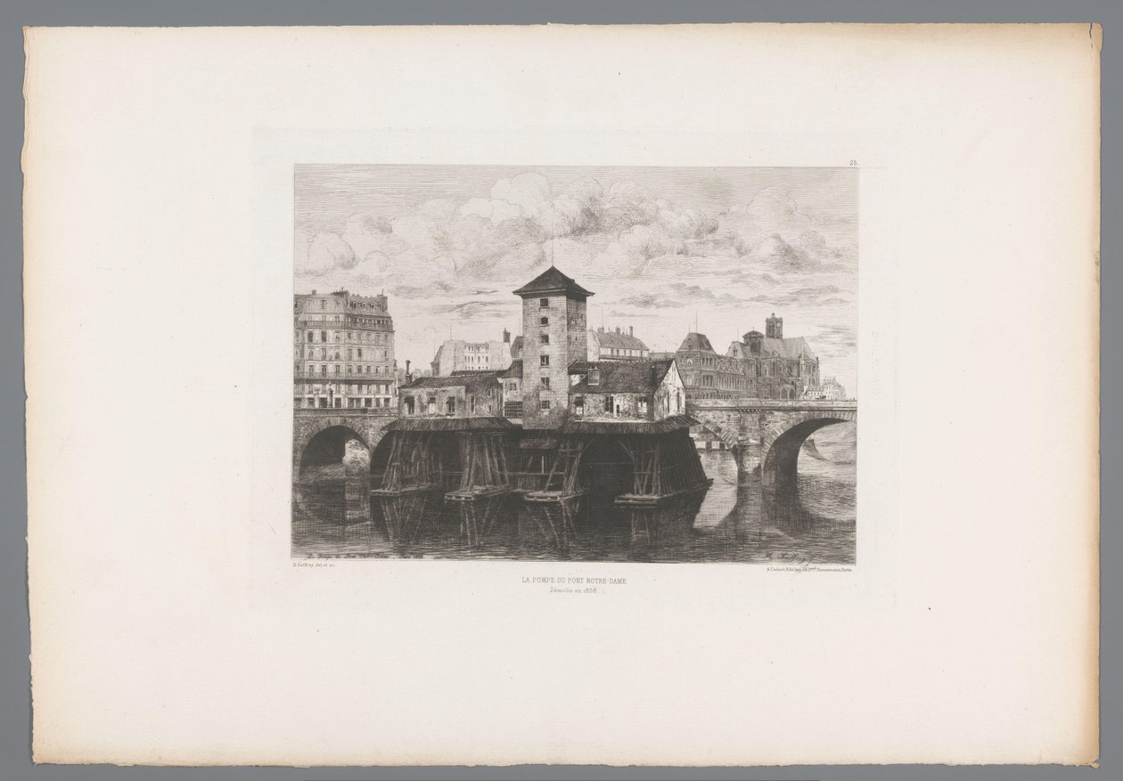 Gezicht op de Pont Notre-Dame Pompa Pont Notre-Dame (tytuł na obiekcie) Francja etsen uit 1875 (tytuł serii) Akwaforta w 1875 (tytuł serii) autorstwa Henri Alexandre Saffrey