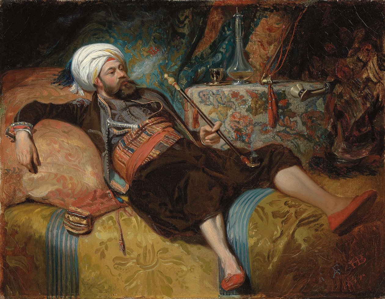 Leżący Turk palący fajkę wodną, 1844 autorstwa Henri Baron