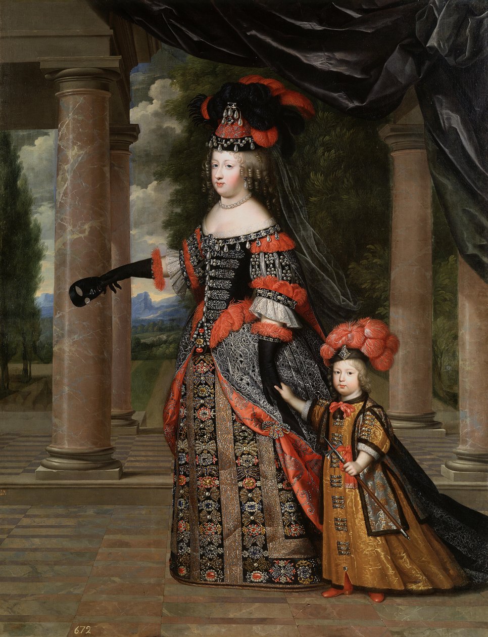 Maria Teresa z Hiszpanii z synem, delfinem, Ludwikiem francuskim autorstwa Henri Beaubrun
