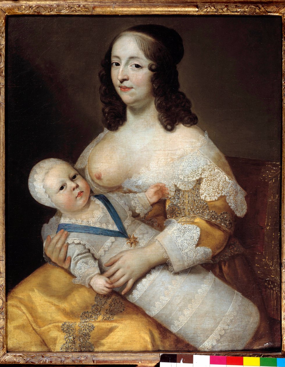 Przedstawienie przyszłego dziecka króla Ludwika XIV (1638-1715) w kostiumie kąpielowym w ramionach pielęgniarki Marie de Longuet de la Giraudiere Pierś kobiety jest odkryta i gotowa do karmienia dziecka. Obraz Karola (1604-1692) i Henri (1603-1677) autorstwa Henri Beaubrun