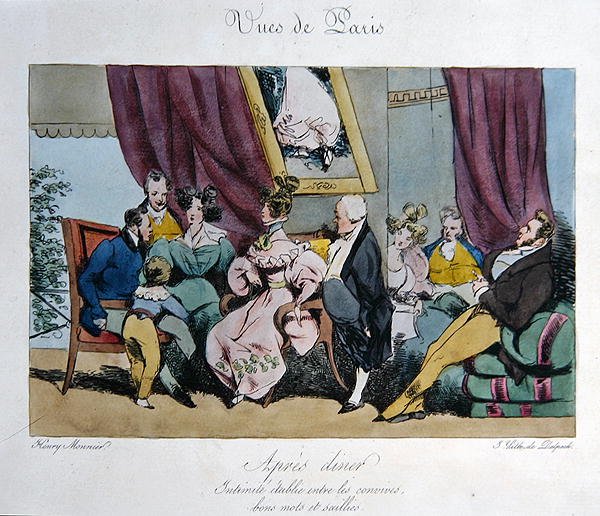 Humorystyczny obraz zachowania i rozmowy gości po obiedzie, karykatura dla „Vues de Paris, esquisses morales et philosophiques”, grawerowana przez Francois Serafina Delpecha (1778-1825) (kolor litho) autorstwa Henri Bonaventure (after) Monnier