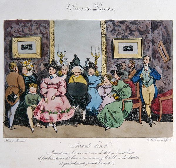 Humorystyczne przedstawienie zachowania i rozmowy gości przed obiadem, rytowane przez Francois Serafina Delpecha (1778-1825) (kolor lito) autorstwa Henri Bonaventure (after) Monnier