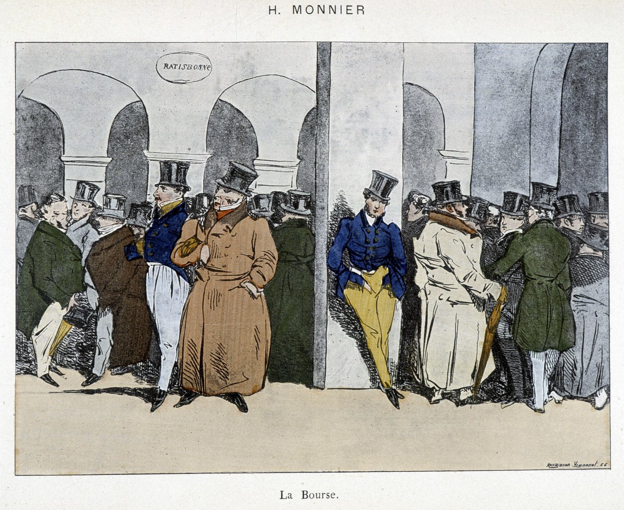 Biznesmeni z paryskiej giełdy - rysunek Henri Monniera, początek XIX w. autorstwa Henri Bonaventure Monnier