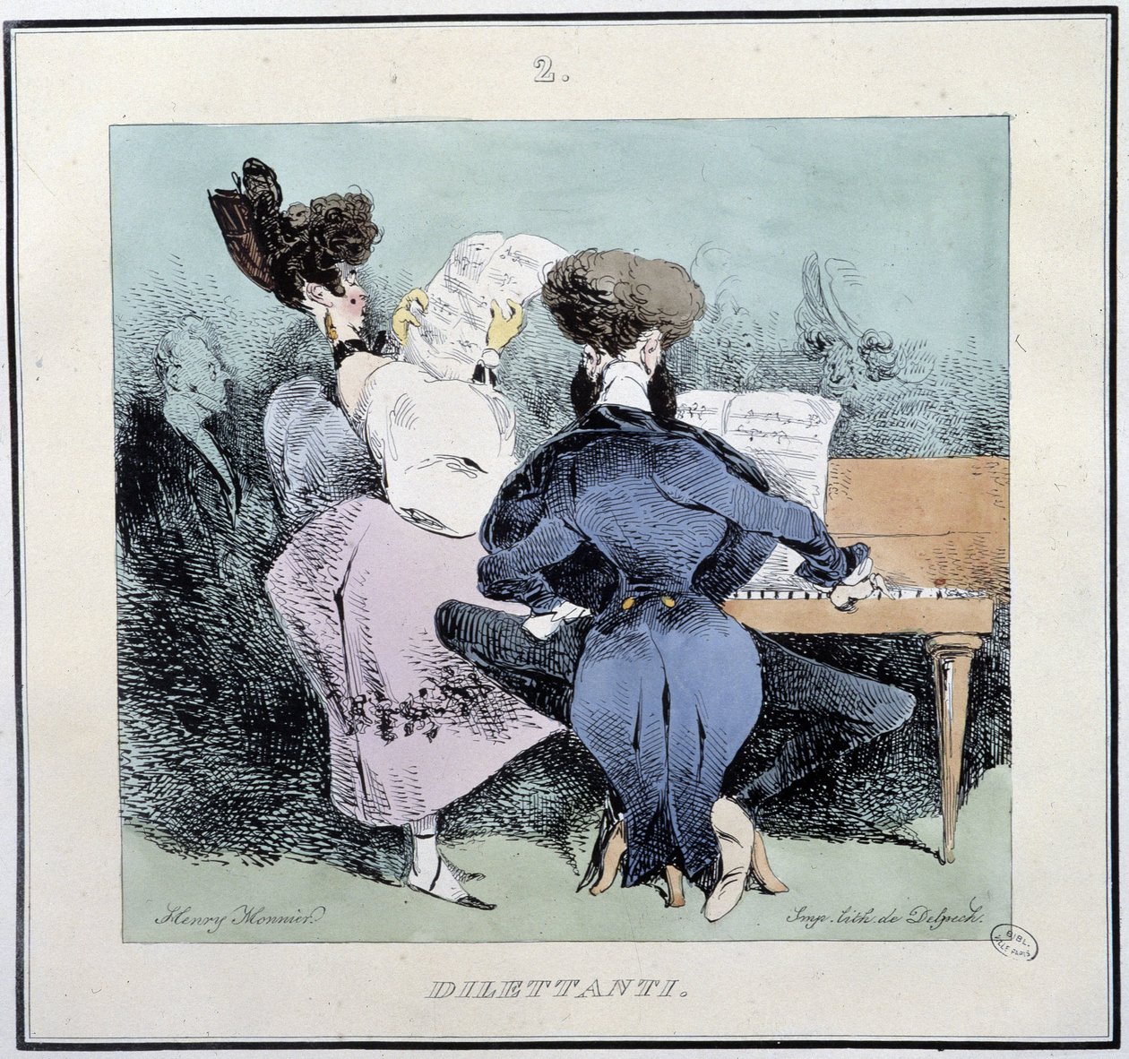 Dilettantes (młodzi ludzie śpiewający i grający na pianinie) - w „Paryskich szkicach” Henri Monniera, wyd. Delpech, Paryż autorstwa Henri Bonaventure Monnier