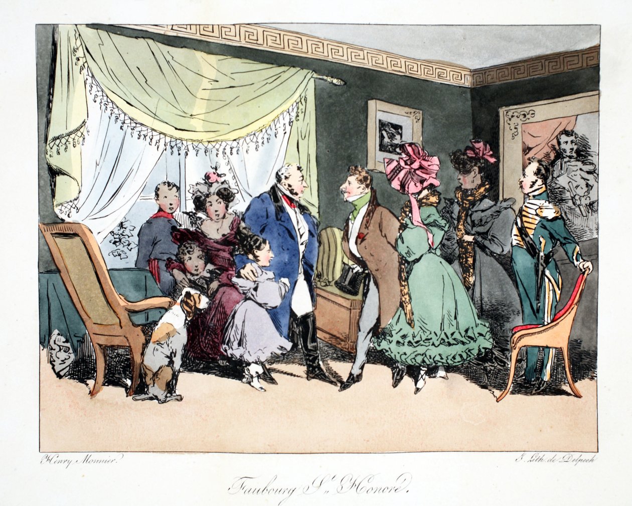 Faubourg St. Honoré, ilustracja z „Six Quartiers de Paris” Henri Monniera, litografia F.S. Delpech, wyd. Paryż, ok.1828 (ręcznie kolorowana lito) autorstwa Henri Bonaventure Monnier