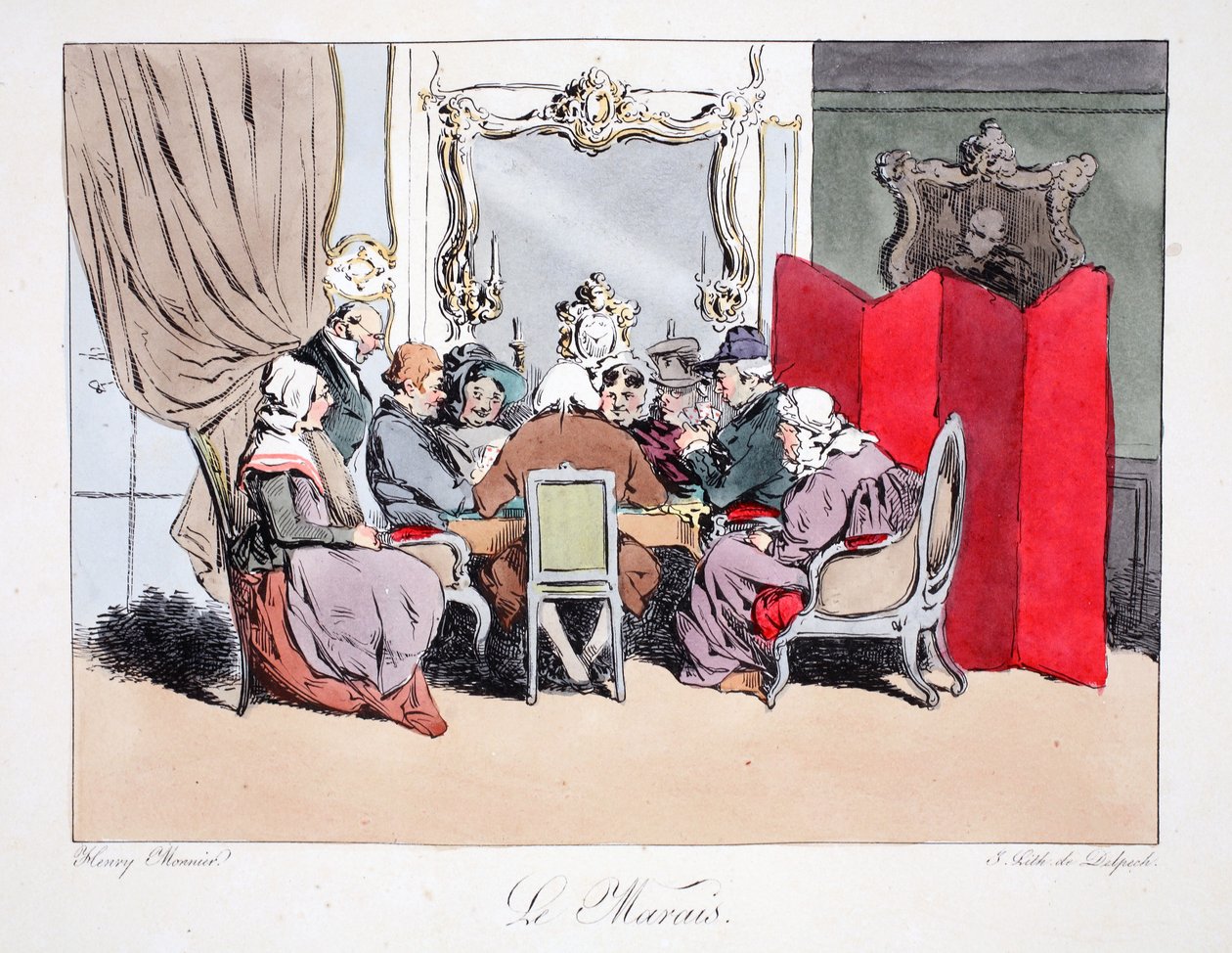 Le Marais, ilustracja z „Six Quartiers de Paris” Henri Monniera, litografia F.S. Delpech, wyd. Paryż, ok.1828 (ręcznie kolorowana lito) autorstwa Henri Bonaventure Monnier