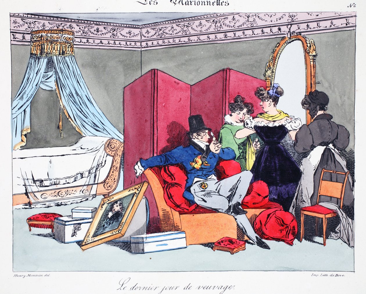 Le dernier jour de veuvage, ilustracja z "Les Marionnettes" Henri Monnier, litografia Delpech, wyd. Paryż, ok. 1828 (litografia ręcznie kolorowana) autorstwa Henri Bonaventure Monnier