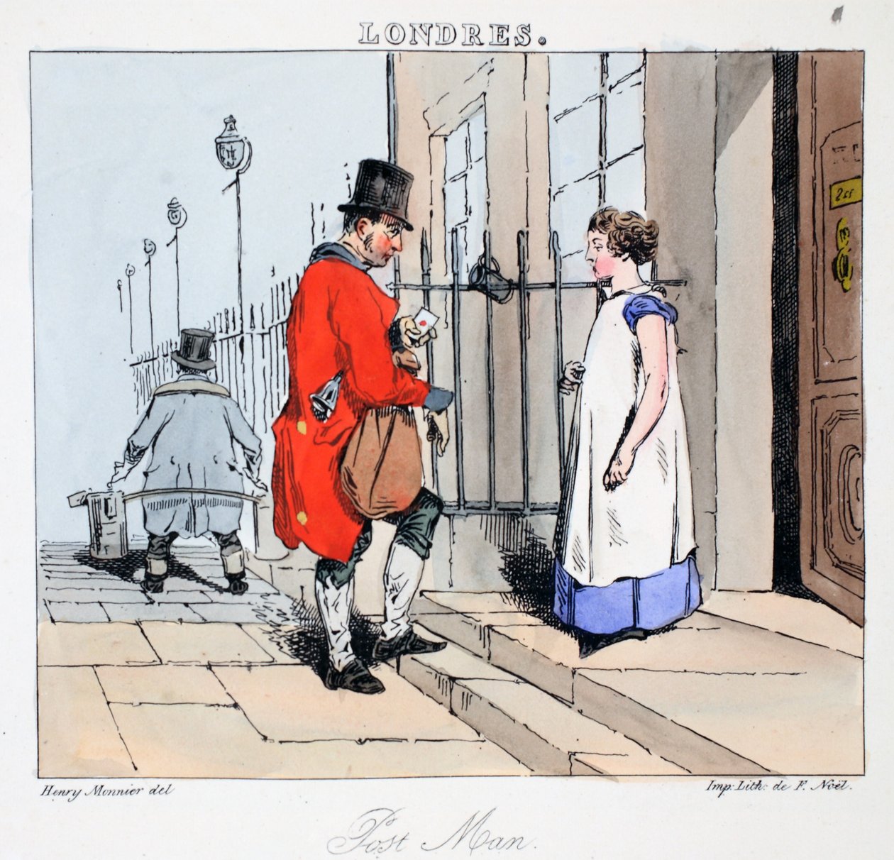 Post Man, ilustracja z "Londres" Henri Monnier, wyd. Paryż, ok. 1828 (litografia ręcznie kolorowana) autorstwa Henri Bonaventure Monnier