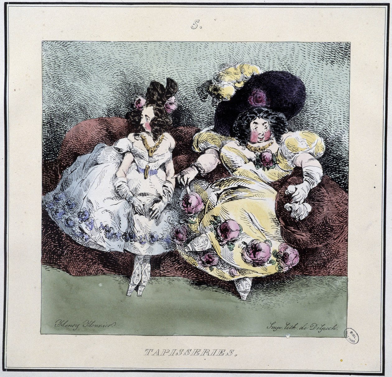 Brzydkie kobiety robiące „”gobelin”” siedzące w salonie – w „Parisiennes” Henri Monniera, wyd. Delpech, Paryż autorstwa Henri Bonaventure Monnier