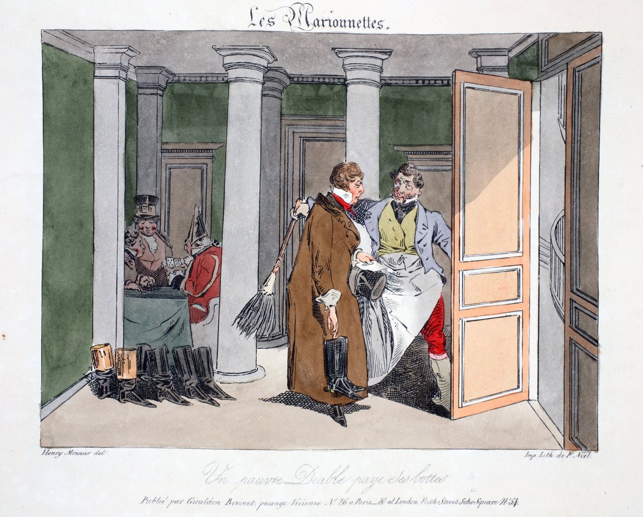 Biedak płaci za buty, ilustracja z „Les Marionnettes” Henri Monniera, litografia Delpech, wyd. Paryż, ok.1828 (ręcznie kolorowana lito) autorstwa Henri Bonaventure Monnier