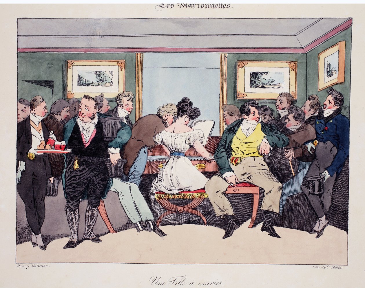 Une fille a marier, ilustracja z „Les Marionnettes” Henri Monniera, litografia Delpech, wyd. Paryż, ok.1828 (ręcznie kolorowana lito) autorstwa Henri Bonaventure Monnier