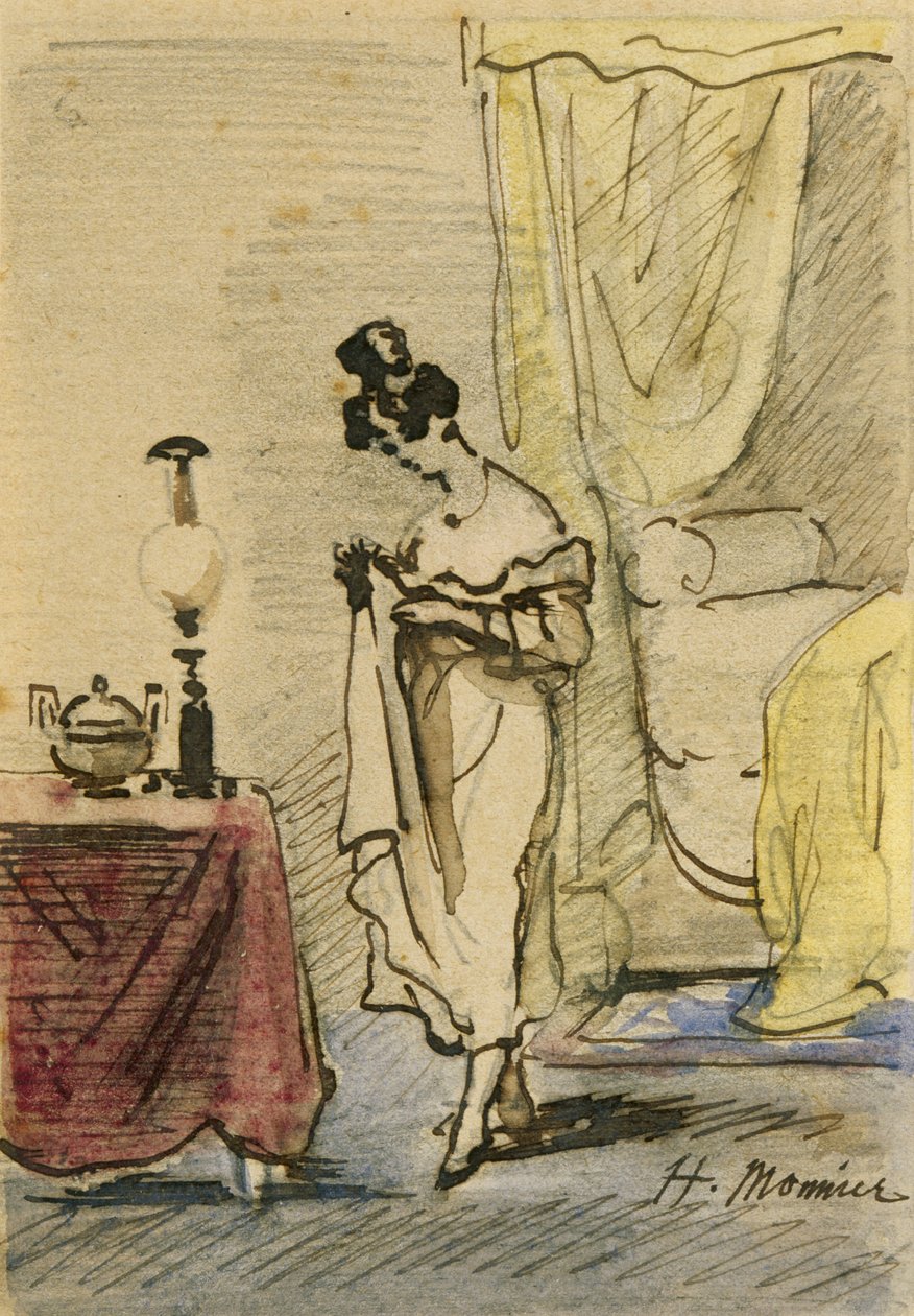 Młoda dama w domu (tusz i wc na papierze) 2:Jeune fille dans un interieur; intimite; autorstwa Henri Bonaventure Monnier