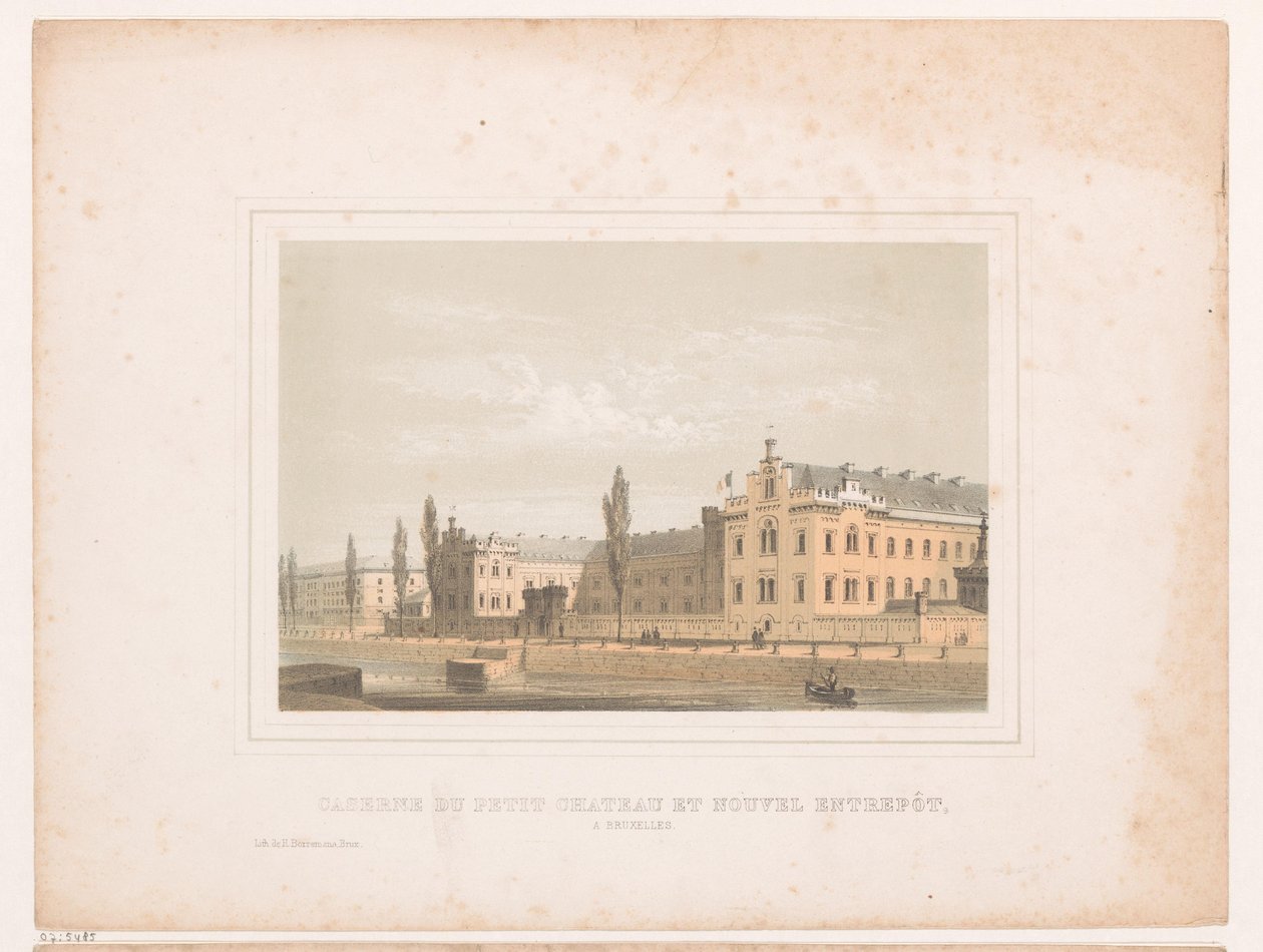 Widok na koszary Klein Kasteeltje i nowy magazyn w Brukseli Caserne du petit chateau et nouvel entrepôt, a Bruxelles (tytuł na obiekcie) autorstwa Henri Borremans (attributed to)