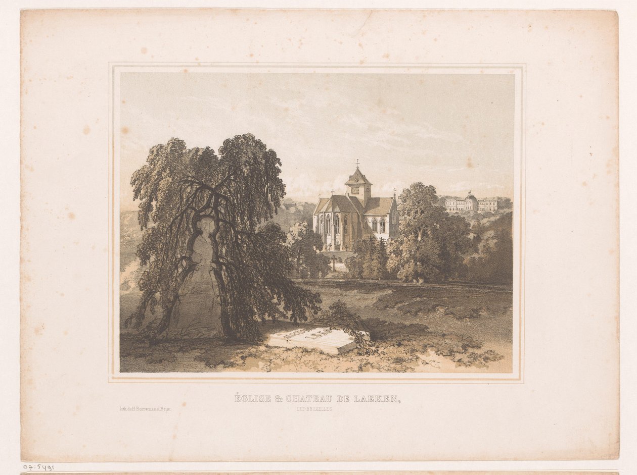 Widok kościoła i zamku w Laken Eglise & Chateau de Laeken, Lez-Bruxelles (tytuł na obiekcie) autorstwa Henri Borremans (attributed to)