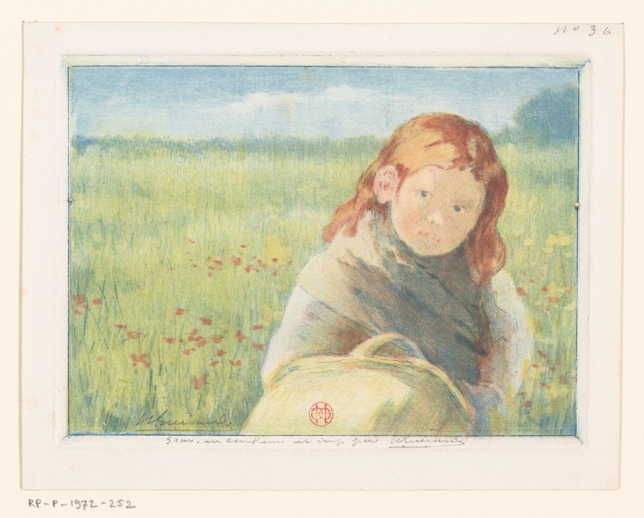 Dziewczyna z koszem na kwietnej łące autorstwa Henri Charles Guérard (signed by artist)