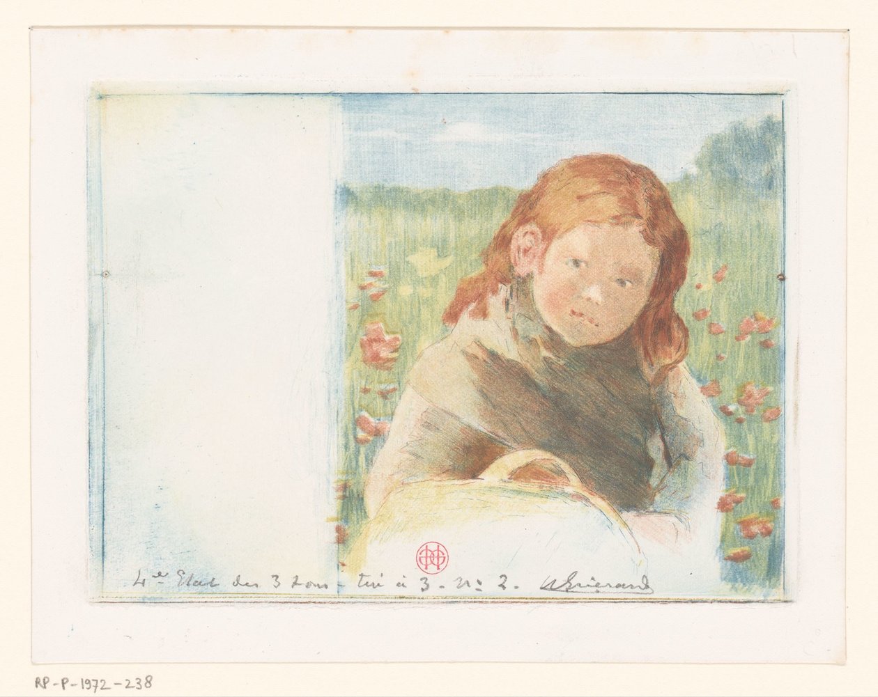 Dziewczyna z koszem na kwietnej łące autorstwa Henri Charles Guérard (signed by artist)