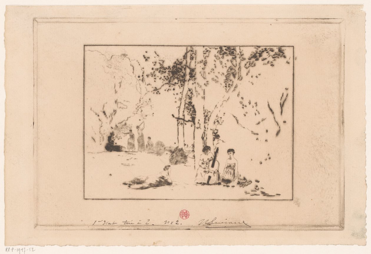 Kobiety tworzące muzykę pod drzewem autorstwa Henri Charles Guérard (signed by artist)