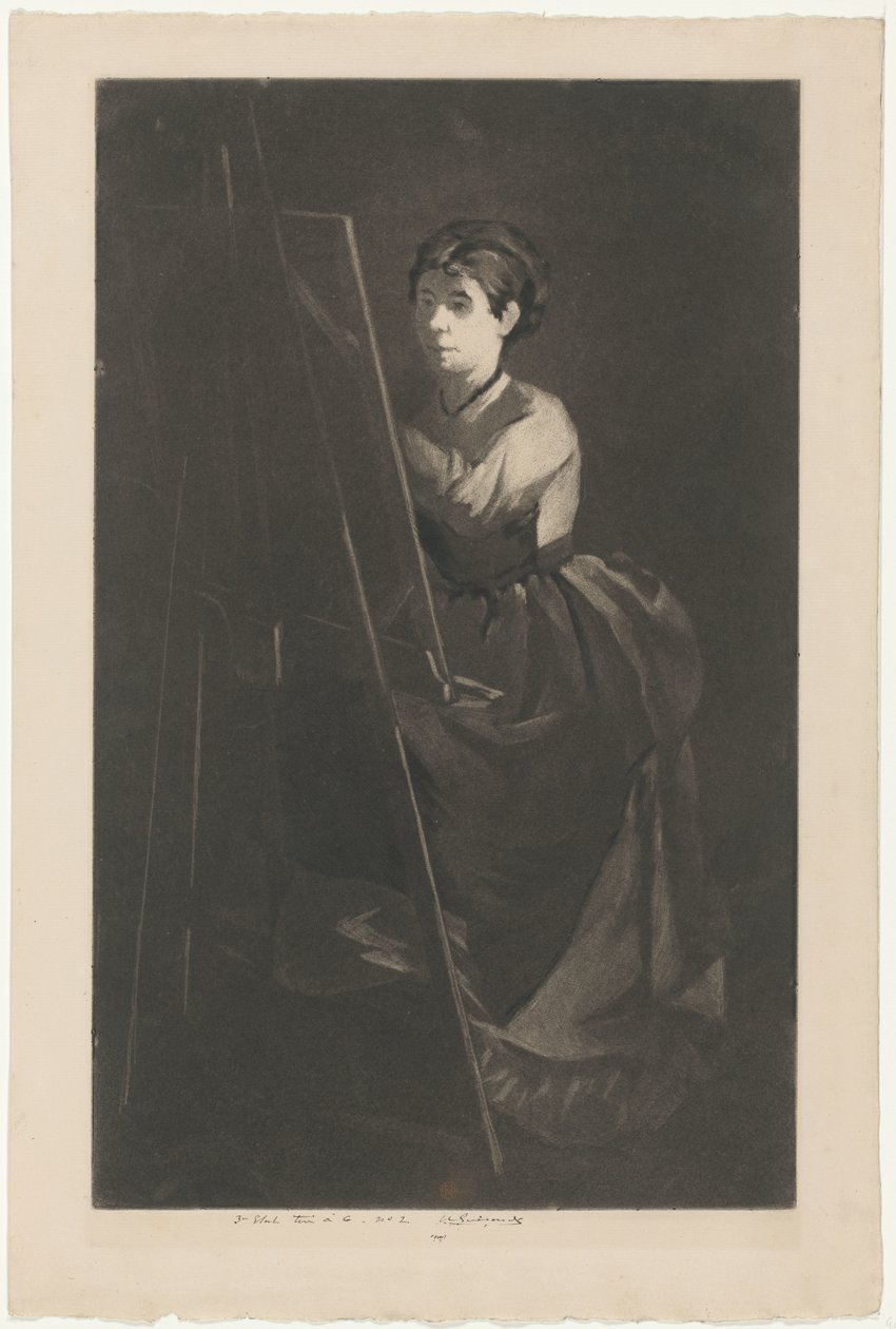 Portret Evy Gonzalès przed sztalugą autorstwa Henri Charles Guérard (signed by artist)