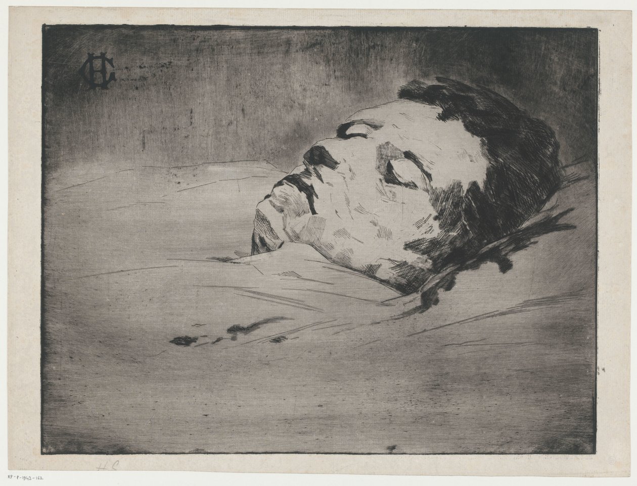 Portret nieznanego mężczyzny na łożu śmierci autorstwa Henri Charles Guérard (signed by artist)