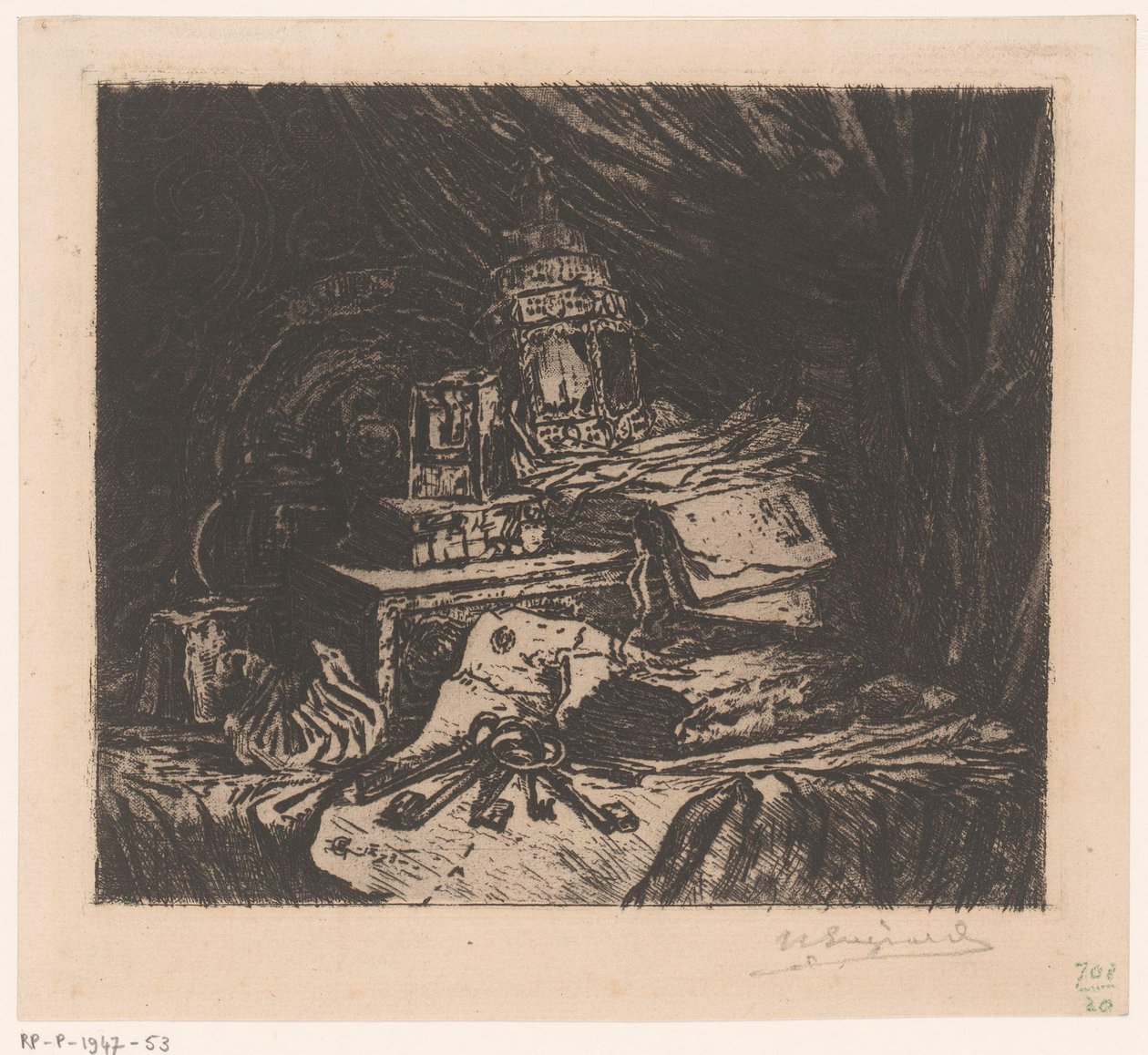 Martwa natura z kluczami i latarnią autorstwa Henri Charles Guérard (signed by artist)
