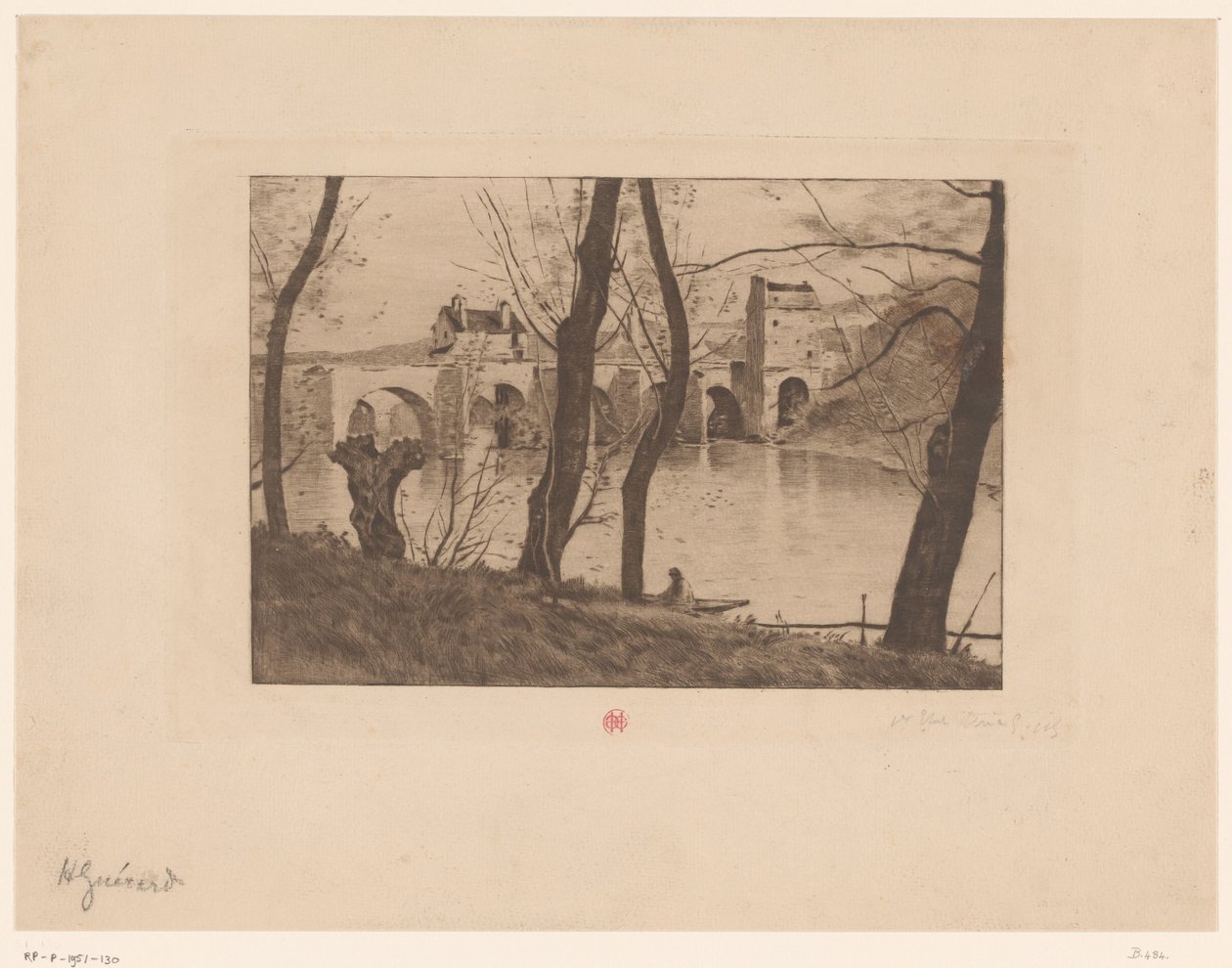 Widok na most w Mantes-la-Jolie autorstwa Henri Charles Guérard