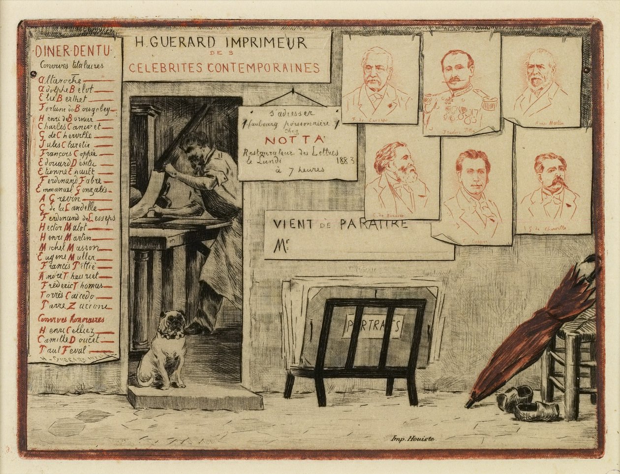 Portrety panów de Lesseps, Coppée, generała Pittié, de Borniera, Henri Martina, panny de Cherville, 1883 (akwaforta, sucha igła) autorstwa Henri Charles Guérard