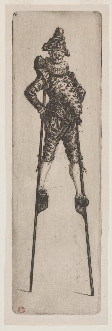 Punchinello na szczudłach, c. 1888. autorstwa Henri Charles Guérard