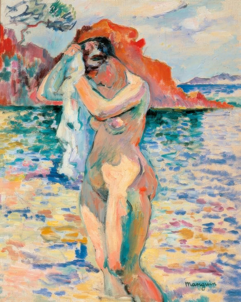 Kąpiąca się suszy włosy nad morzem autorstwa Henri Charles Manguin