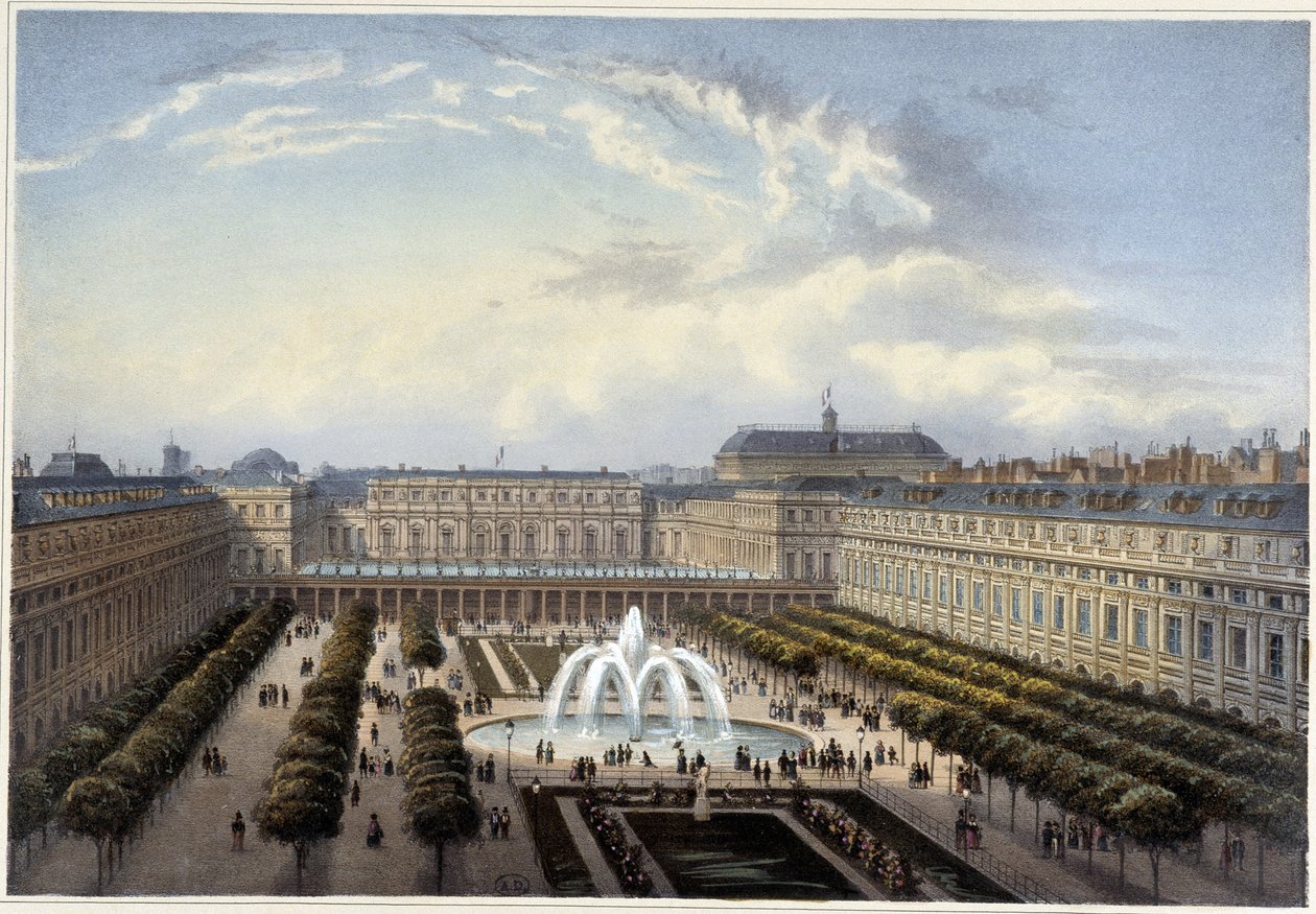Jardin du Palais-Royal, około 1820 w „”Widokach Paryża”” Courvoisiera 1827 autorstwa Henri Courvoisier Voisin
