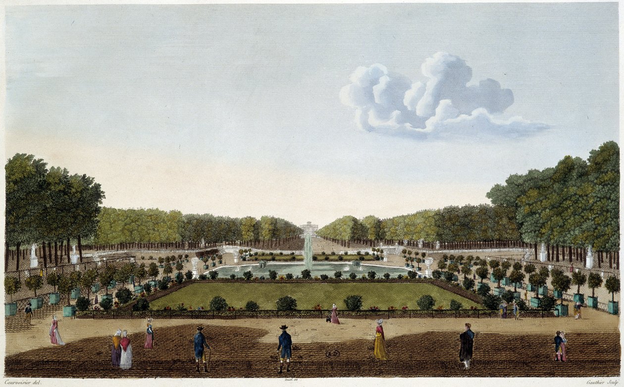 Jardin du Luxembourg widziany z tarasu Pałacu. Grawerowanie przez Courvoisier autorstwa Henri Courvoisier Voisin