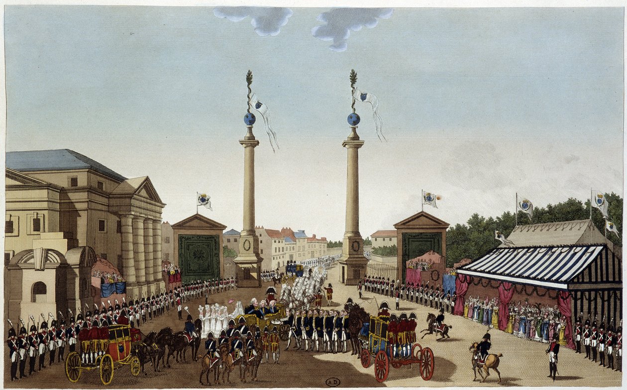 Bariera Saint-Denis przy przekazaniu kluczy Ludwikowi XVIII 3 maja 1814 r. - w „”Vues de Paris”” Courvoisiera 1827 autorstwa Henri Courvoisier Voisin