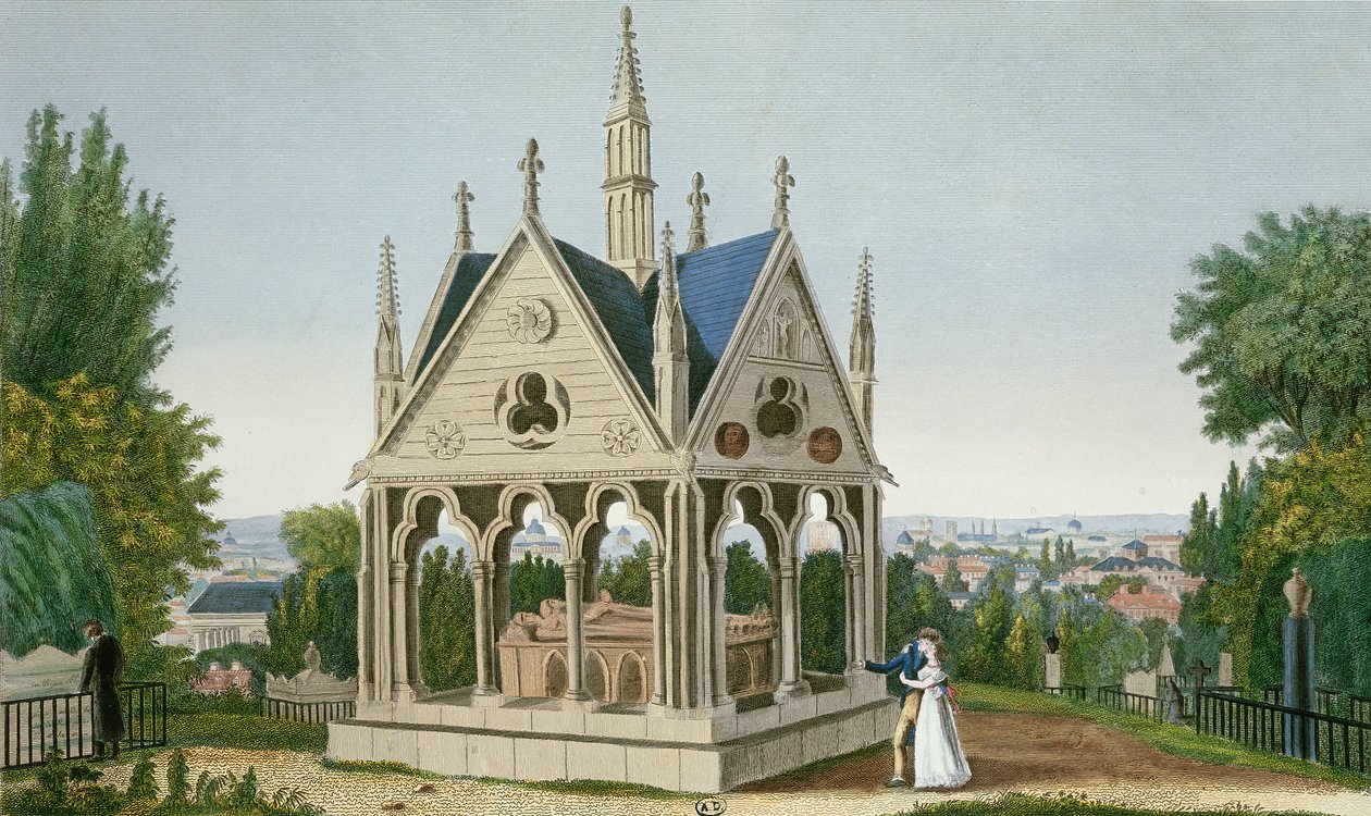 Grób Heloise i Abelard na cmentarzu Pere Lachaise, 1815-20 (kolorowe grawerowanie) autorstwa Henri Courvoisier Voisin