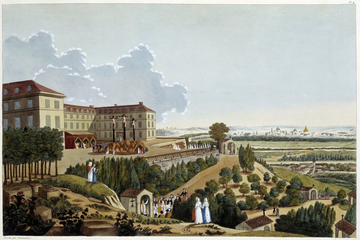 Widok na Kalwarię, podczas święta Ste Croix, w Suresnes – w „Vues de Paris” Courvoisiera autorstwa Henri Courvoisier Voisin