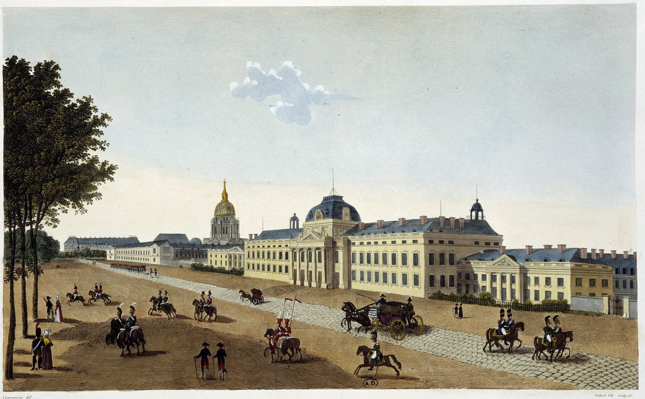 Widok Szkoły Wojskowej od strony Champs de Mars, ok. 1820 r. - w „Vues de Paris” autorstwa Courvoisiera autorstwa Henri Courvoisier Voisin