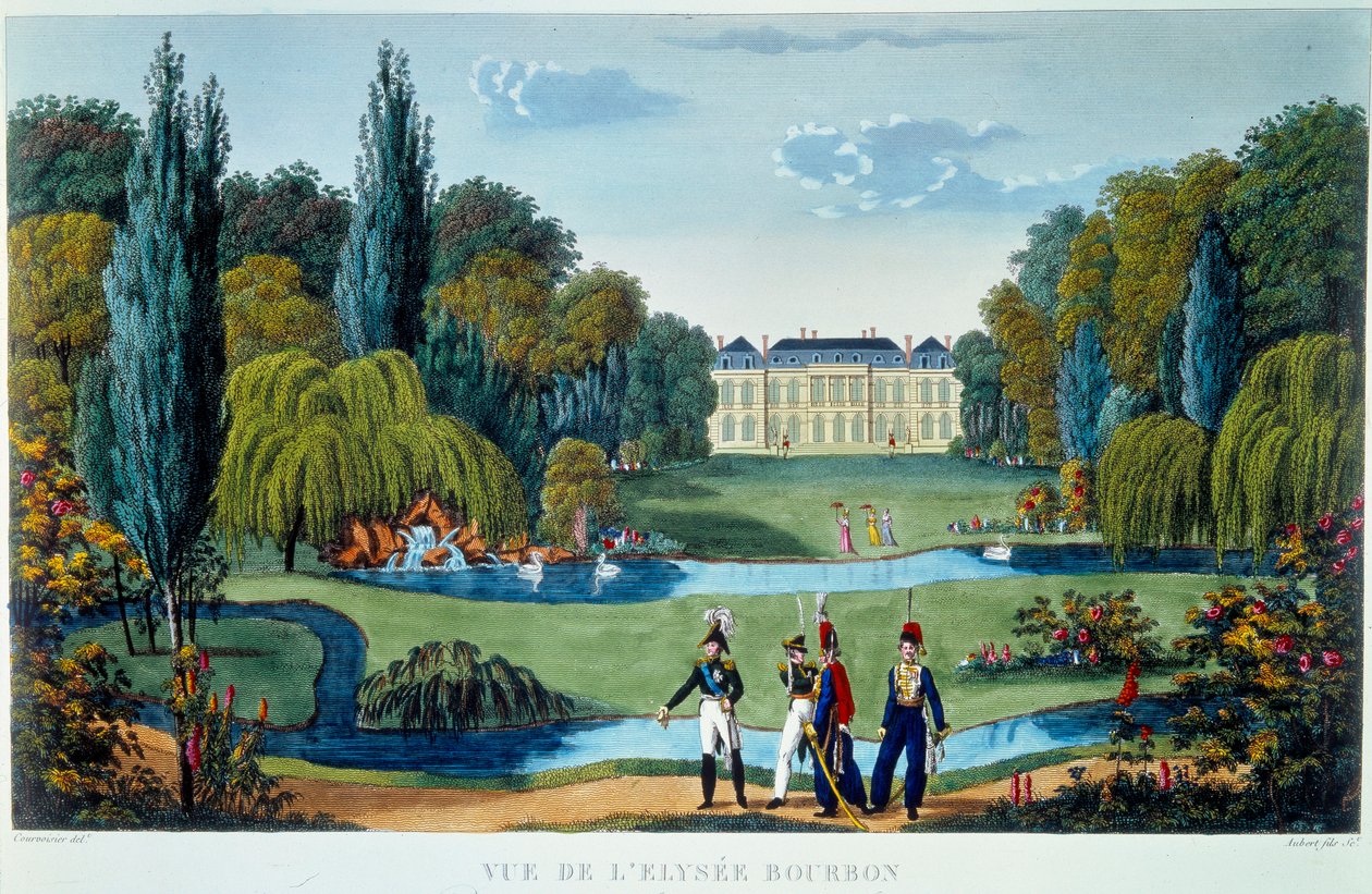 Widok na Pałac Elizejsko-Burboński i ogrody. Grafika Courvoisier z lat 1815-1820 w "Vues de Paris". autorstwa Henri Courvoisier Voisin