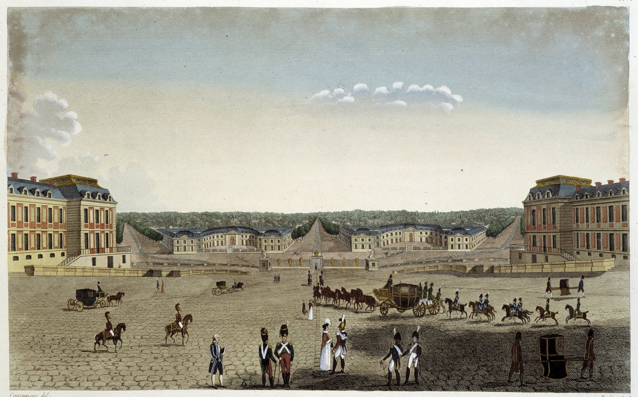 Widok na dużą i małą stajnię króla w Wersalu - w „Vues de Paris” Courvoisiera autorstwa Henri Courvoisier Voisin