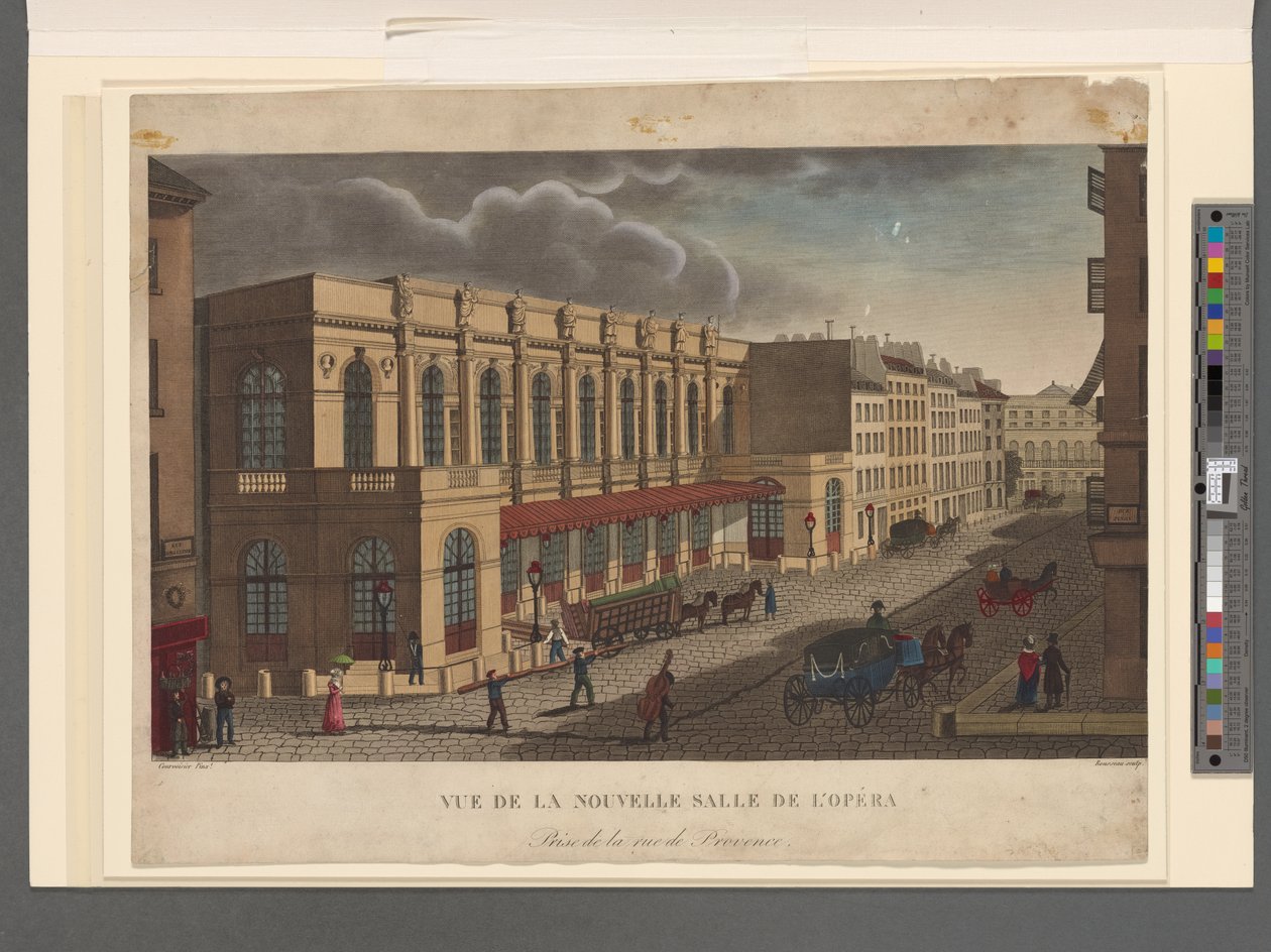 Widok nowej sali Opery z rue de Provence, rytowany przez Rousseau, ok.1821 autorstwa Henri Courvoisier Voisin