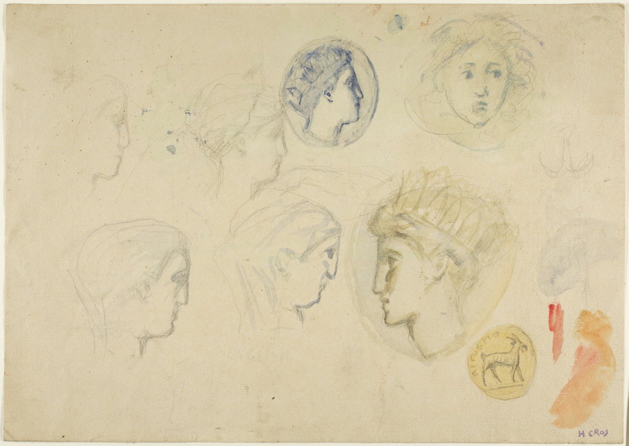 Szkice: głowy profili, monety lub medale (recto); Drzewa (verso) autorstwa Henri Cros