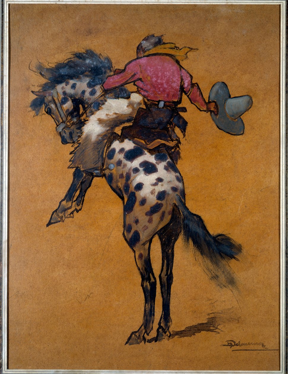 Rodeo: “” Cow boy on a horse bronco cabre ”” Desenho de Henri Deluermoz (1876-1943) Século XX La Rochelle, Musee du Nouveau Mondepolish autorstwa Henri Deluermoz
