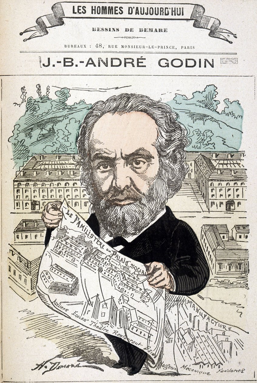 Jean Baptiste André Godin (1817-1888), przemysłowiec założyciel rodziny. Rysunek Demare W „Mężczyznach dnia dzisiejszego”. autorstwa Henri Demare