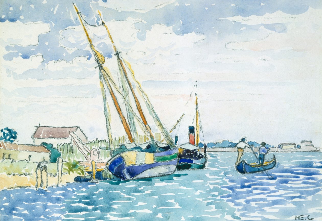 Scena morska (łodzie w pobliżu Wenecji), 1903 (wc nad grafitem na białym papierze tkanym na sucho na grubej karcie tkanej) autorstwa Henri Edmond Cross