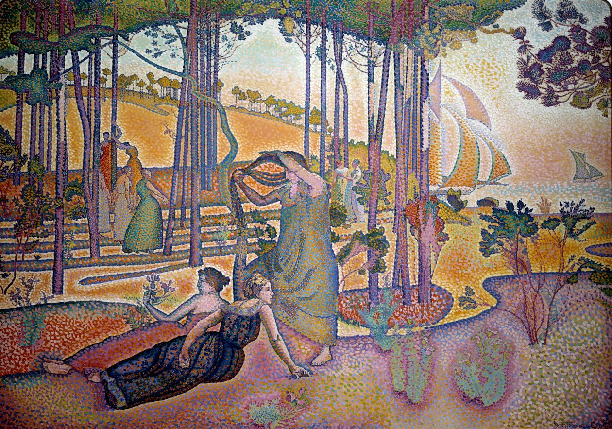 Wieczorne powietrze. Kobiety w trawie pod lasem. Obraz Henri Delacroix Dit Cross (Henri Edmond Cross) (1856-1910) autorstwa Henri Edmond Cross