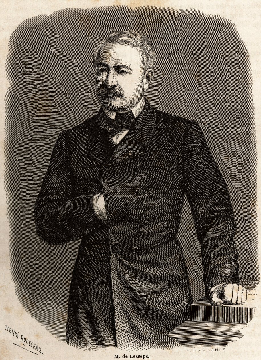 Portret Ferdynanda de Lessepsa (1805-1894) dyplomaty i przedsiębiorcy, promotora dwóch ambitnych projektów: Kanałów Sueskich i Panamskich, narysowany przez Henri Rousseau, ilustrujący wyprawę Paula Merruau do Kanału Sueskiego w 1862 roku. Grawerowanie w „” autorstwa Henri Emilien Rousseau